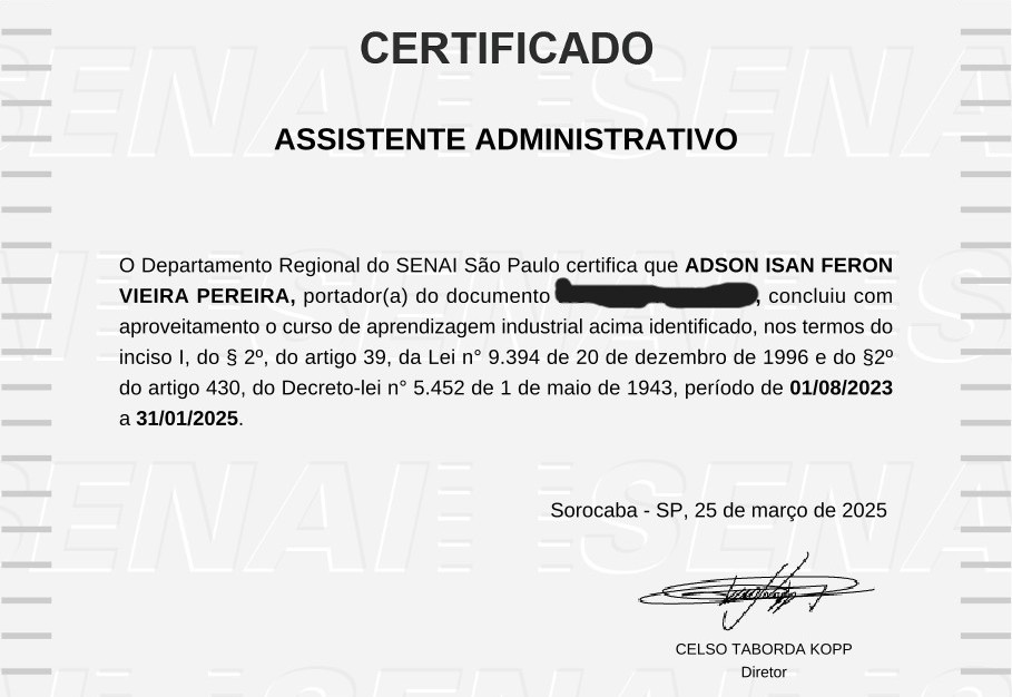 Certificado do SENAI — Assistente Administrativo